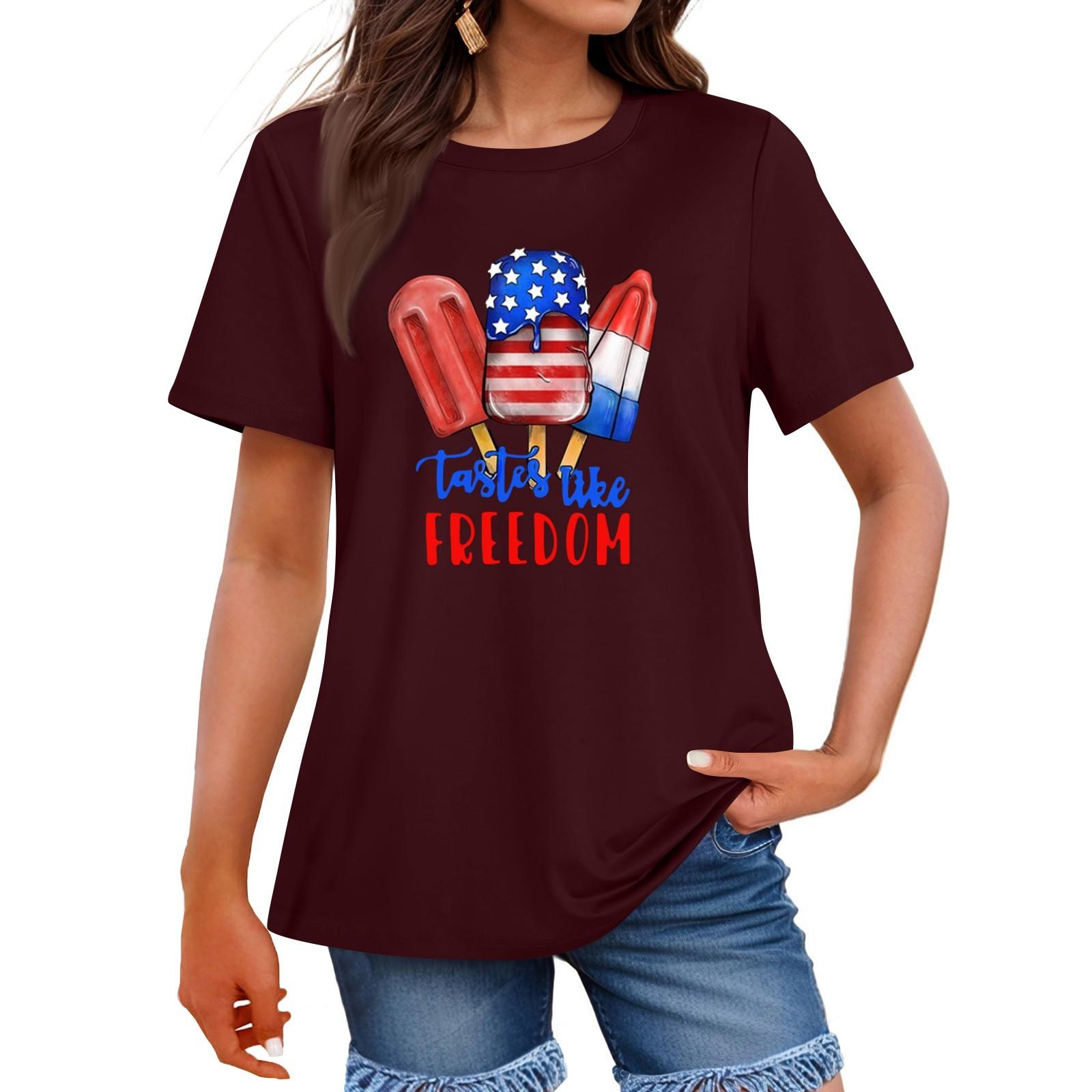 

Женская мода День независимости принт круглый вырез короткий рукав повседневная футболка топ XL винный