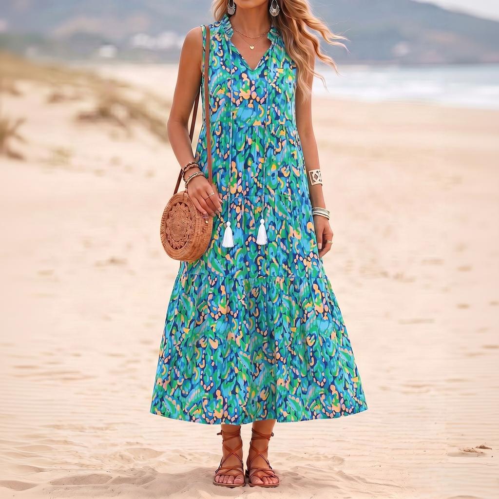 Women Sleeveless V Neck Tassel Tie Printed Dress Relaxed Fit Holiday Style Flowy Waist Tank Dress for Summer Beachwear