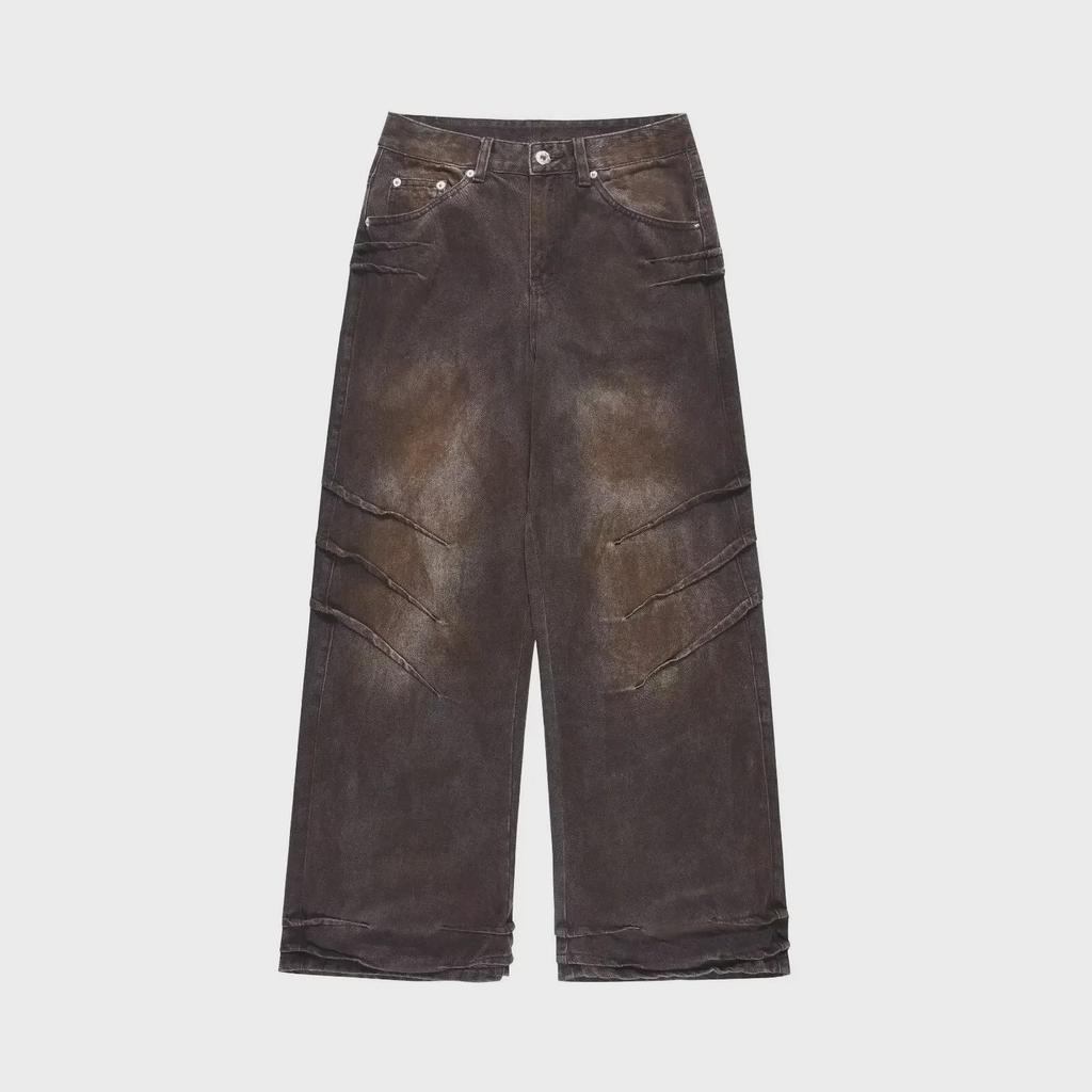 Vaqueros Unisex Americanos Retro Desgastados de Peso Pesado Wasteland: Pantalones plisados rectos holgados de pierna ancha de moda hip-hop