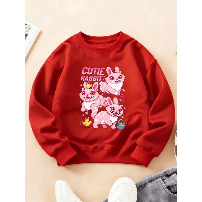 Kids Crewneck Sweatshirt, Three Cute Pink Rabbits Fun Print Long Sleeve Top for Autumn Winter