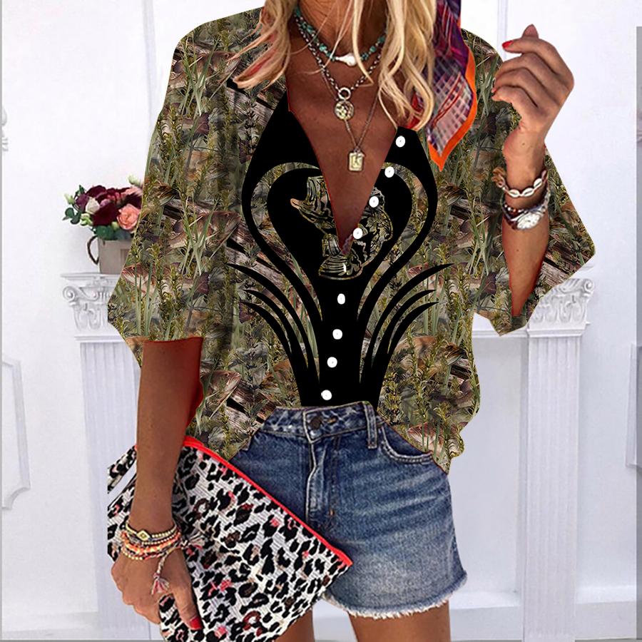 2023 sommer Herbst Neue Mode frauen Tops Liebe Fisch Gedruckt Halbe Hülse Casual Plus Größe Taste-unten Hemd mit Blase Ärmeln