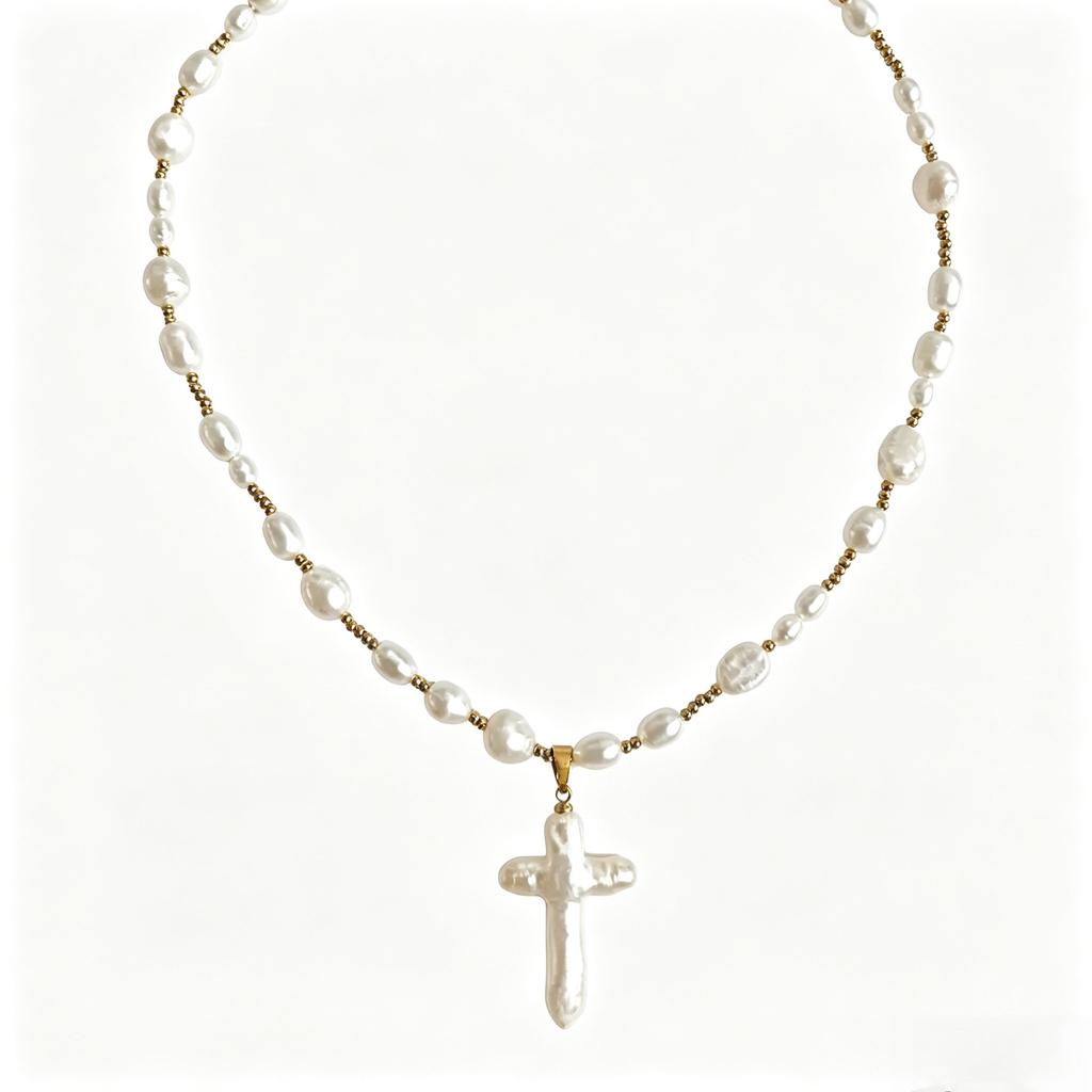 New natural freshwater pearl cross pendant necklace, fashionable, elegant, and stylish, with a high-end feel, perfect as a clavicle chain for women