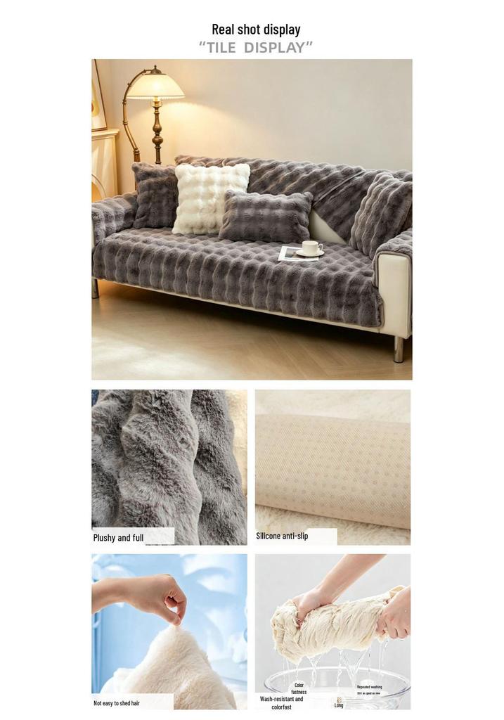 Thick Non-Slip Cat Scratch-Resistant Bubble Fleece Rabbit Fur Sofa Cushion for Autumn and Winter