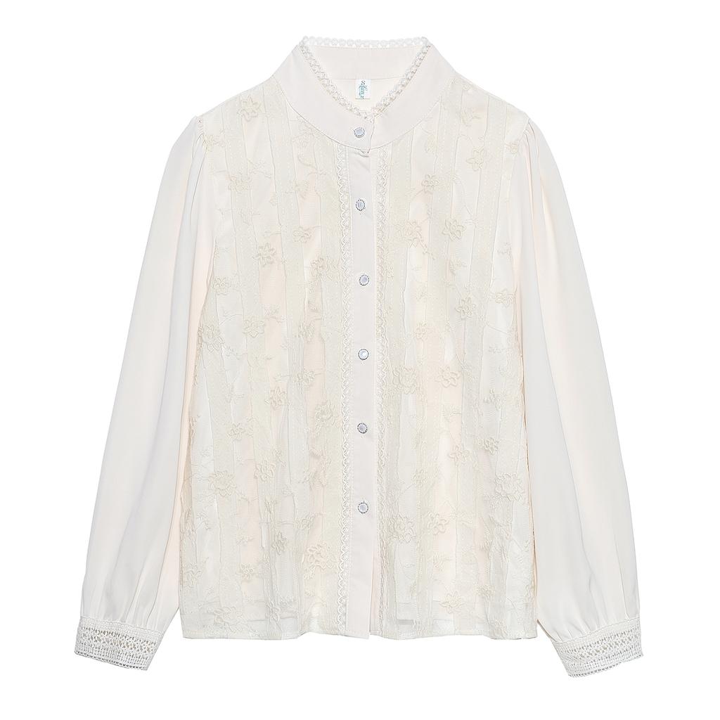 Fashion New 2024 Autumn Long Sleeve Stand Collar Casual Apricot Lace Chiffon Blouse Shirt Women Tops Blouses Shirts J503