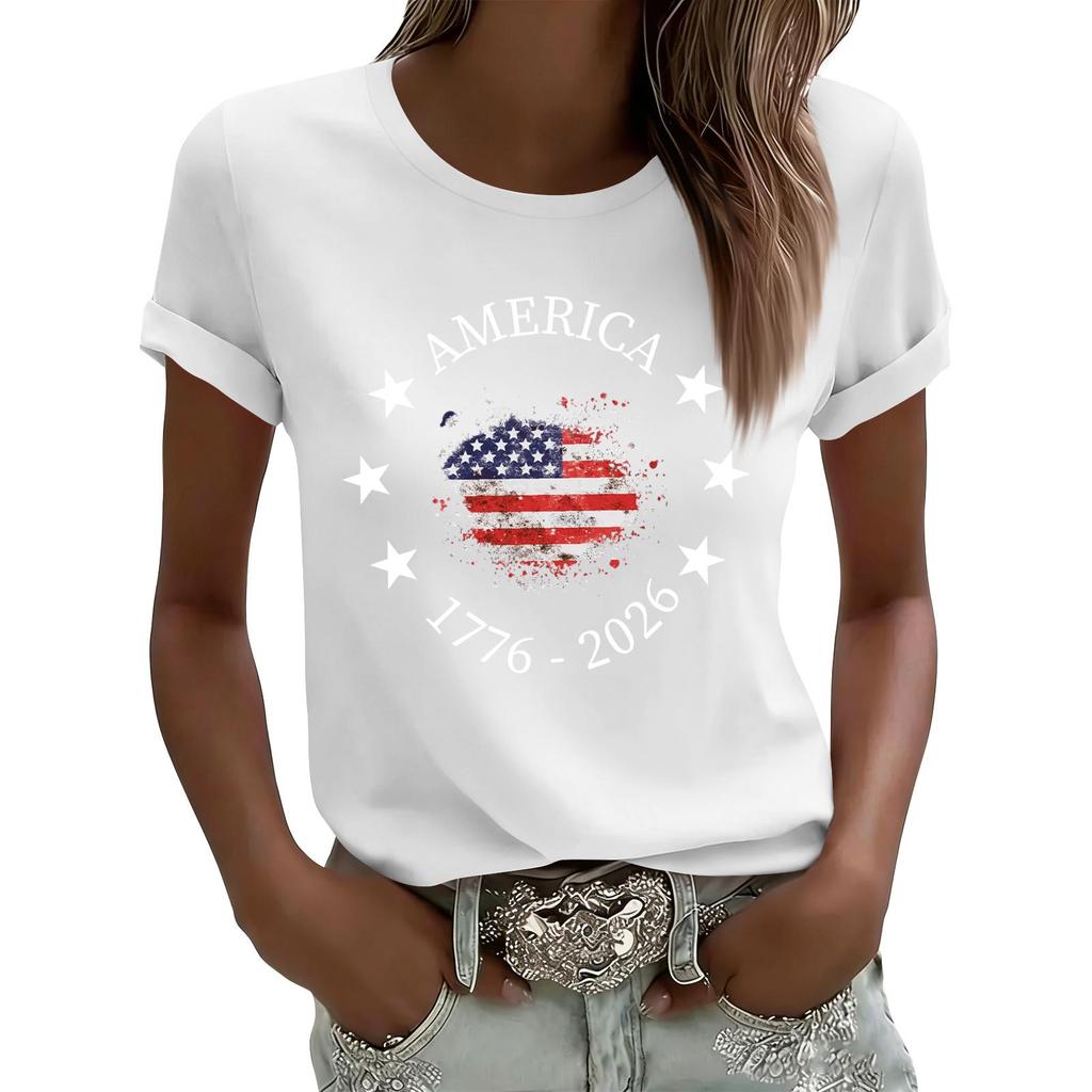 Women's Casual Printed T-Shirt Round Neck Pullover Short Sleeve Top