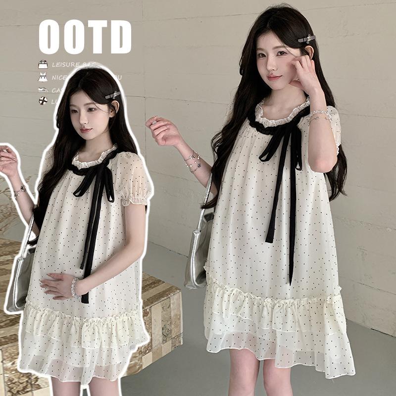 2026 Summer Korean Maternity Polka Dot Chiffon Dress - Loose Fit, Short Sleeve, Belly Covering Skirt L
