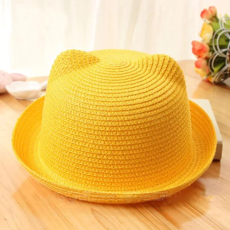 Fashion Lovely Girls Boys Straw Hats Headdress Summer Kids Baby Bucket Sun Hat Cute Ear Solid Floppy Beach Cap For Children