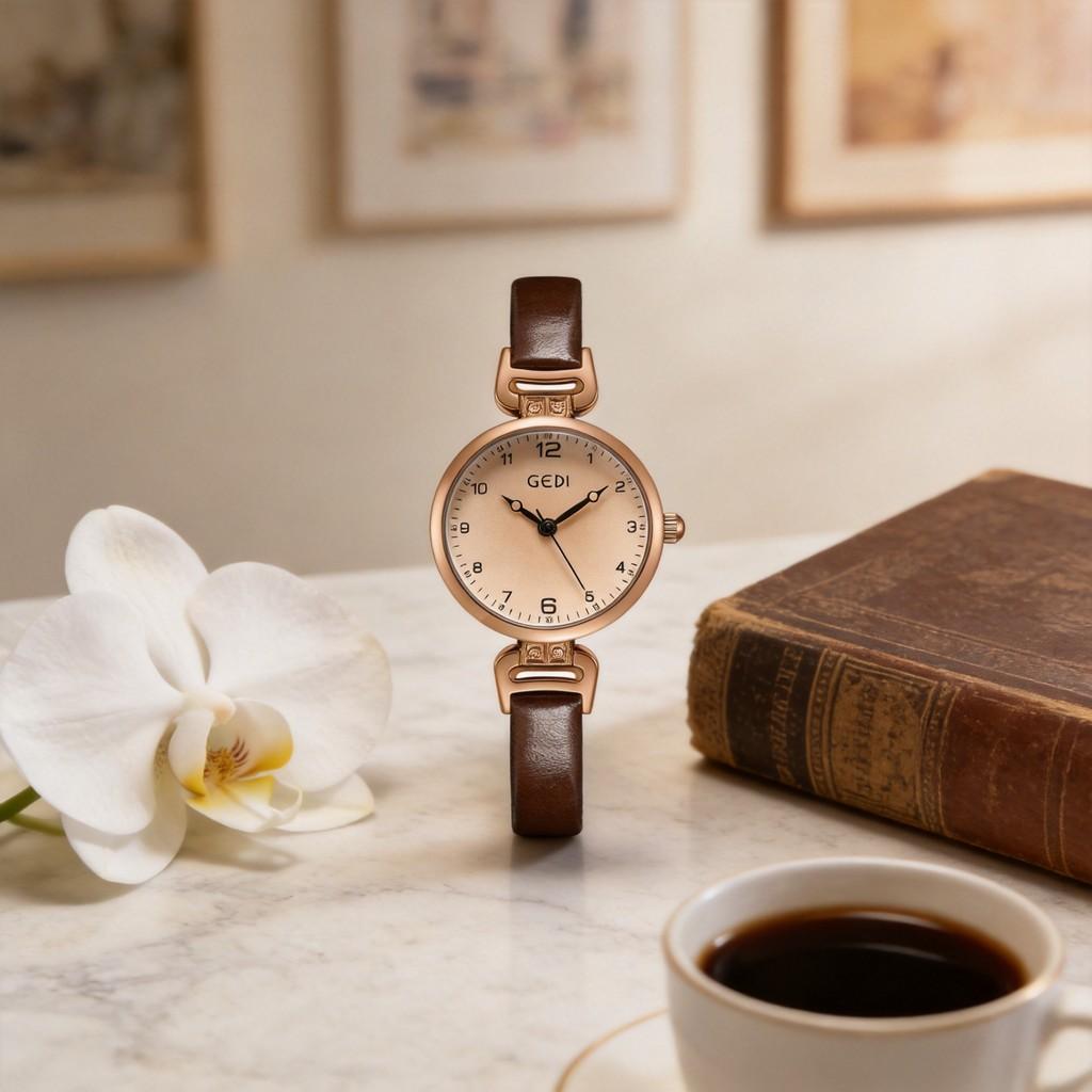 Gadi Vintage Small Round Female Quartz Wristwatch With Leather Strap For Office Wear
