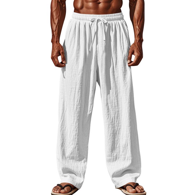 Férfi pamut és len laza szabású egyszínű fűzős nadrág