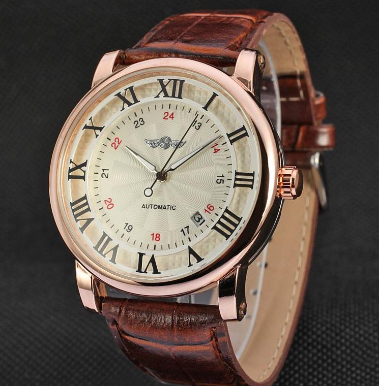 Relogio Relojes New Fashion Rose Gold Watches Day Date Automatic Self Wind Leather Strap Men's Watches Mechanical Watches
