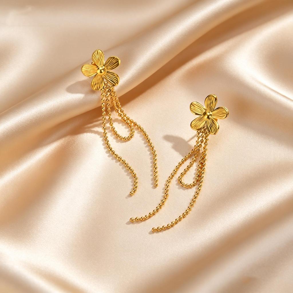 Exquisite Stainless Steel Flower Long Tassel Drop Earrings for Women Gold Plated Trendy Hypoallergenic Piercing Jewelry Gifts