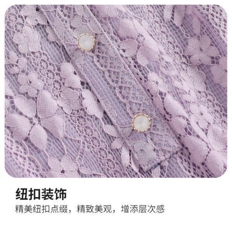 Lace Shirt Women's Long Sleeve Spring Autumn New V-neck Mid-length Waist Middle-aged Mother's Top Fashionable