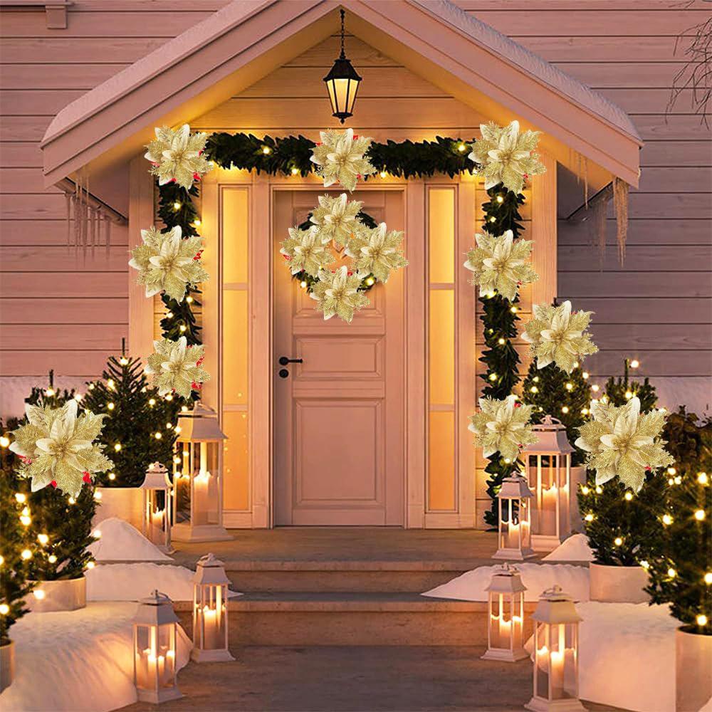 5/10pcs Gold Christmas Flower Ornaments Xmas Tree Decoration Red Gold Glitter Artificial Flowers Christmas Party Decor Wedding