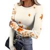Women's Fitted Long Sleeve T-Shirt with Maple Leaf Print, Neck and Cuffs for Everyday Wear