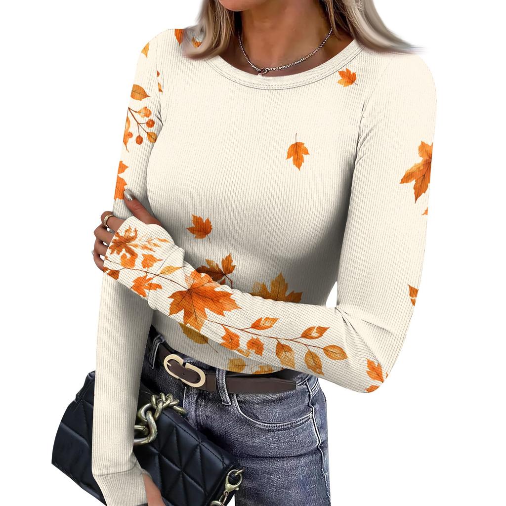 Women's Fitted Long Sleeve T-Shirt with Maple Leaf Print, Neck and Cuffs for Everyday Wear