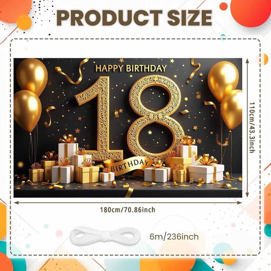 18th Birthday Banner Black Golden Color Decoration Polyester Material For Party Celebration Indoor Decor Birthday Celebration