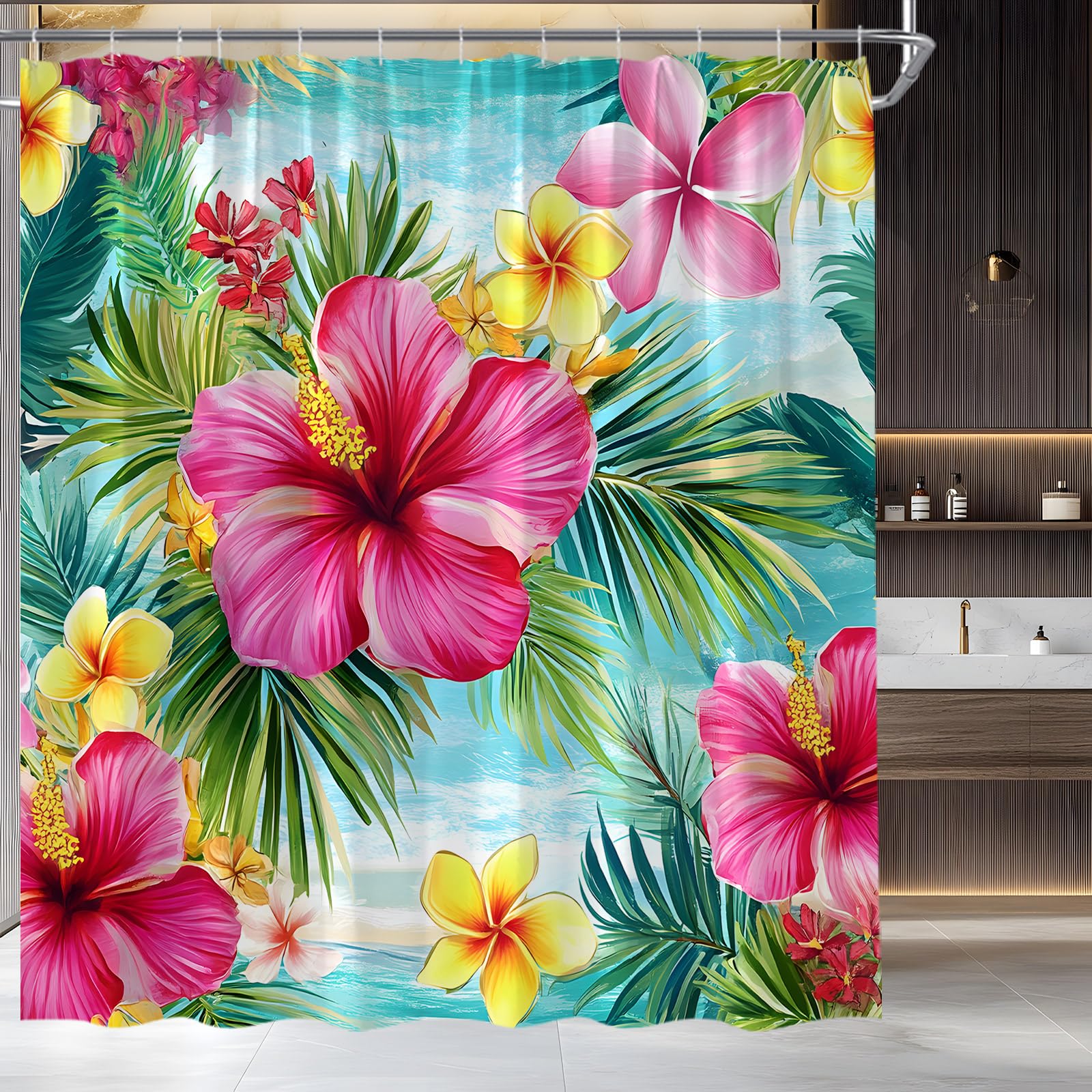 

Boho Floral Shower Curtain, Hawaii Tropical Leaves Flower Bath Curtain Botanical Nature Summer Bathroom Decor Curtain With Hooks W60H190(CM)-1 Pcs