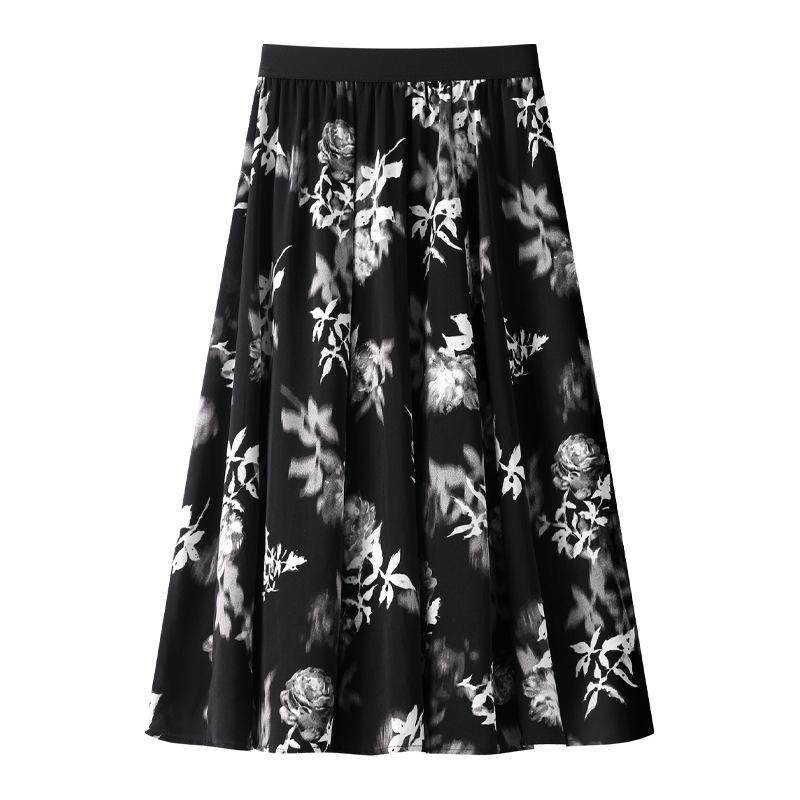 Women's Floral Print Pleated French Chiffon Midi Skirt - Spring/Summer 2025 High-Waist A-Line Design