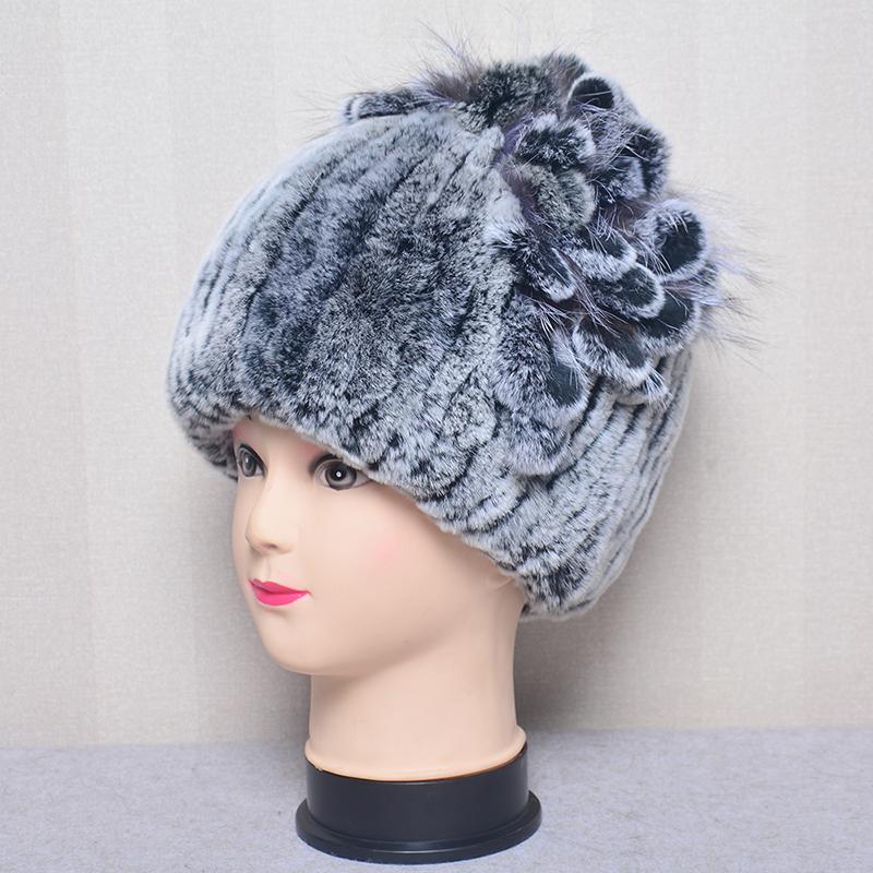 New Luxury Women Fur Hat For Winter Handmade Natural Rex Rabbit Fox Fur Cap Fluffy Female Fur Headgear Brand Warm Beanies Cap
