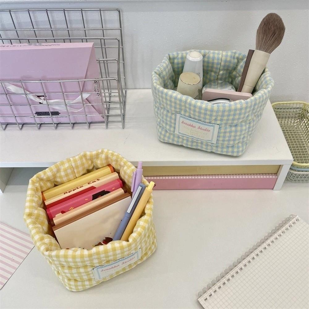 Plaid Stripe Grid Fabric Storage Basket Washable Desk Organize  Kitchen Supplies