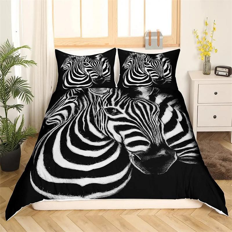 Zebra-Bettbezug-Set, Polyester, Bettbezug, schwarz-weiß gestreift, wilde Tiere, für Kinder und Teenager, Bettwäsche-Set, King- und Queen-Size