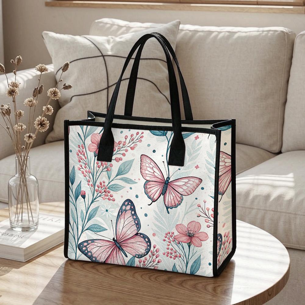 Butterfly Floral Print Tote Bag Fashion Casual Handbag for Daily Shopping Travel Women Portable Lightweight Shoulder Bag