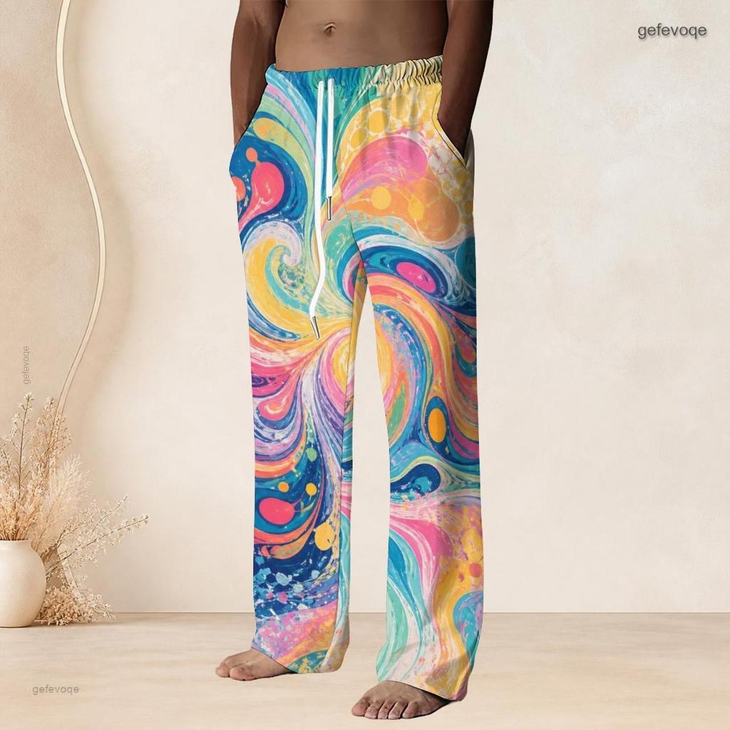 Men Plus Size Drawstring Waist Black Pink Printed Straight Leg Full Length Beach Pants