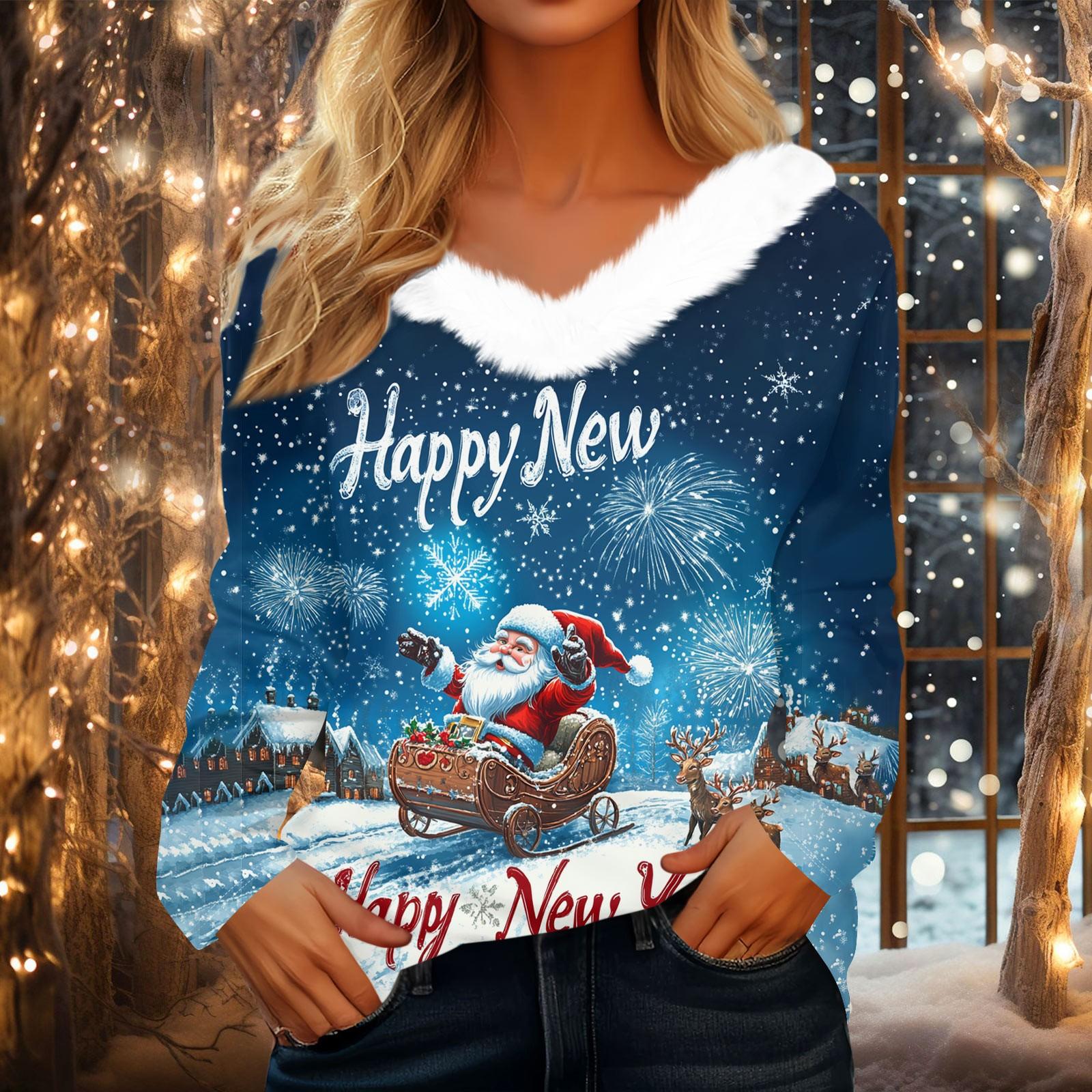 

Женская рождественская рубашка с длинным рукавом и принтом V-образным вырезом, повседневная свободная футболка, топы XXXL