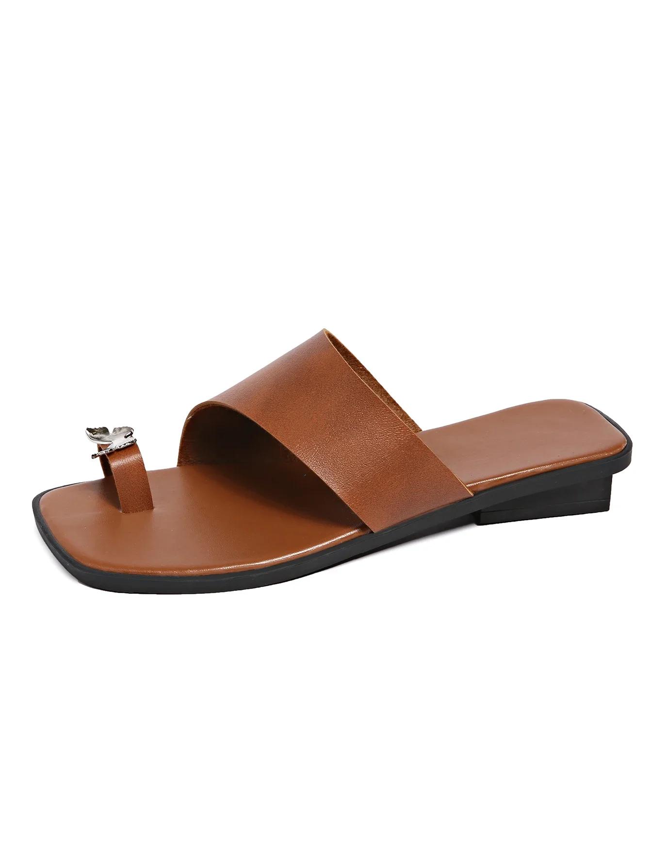 

Женские тапочки большого размера с зажимом для носка, на плоской подошве, с квадратным каблуком, женские туфли для отдыха на пляже, в римском стиле, в стиле ретро, с квадратным носком, Zapatillas De Mujer 43 коричневый