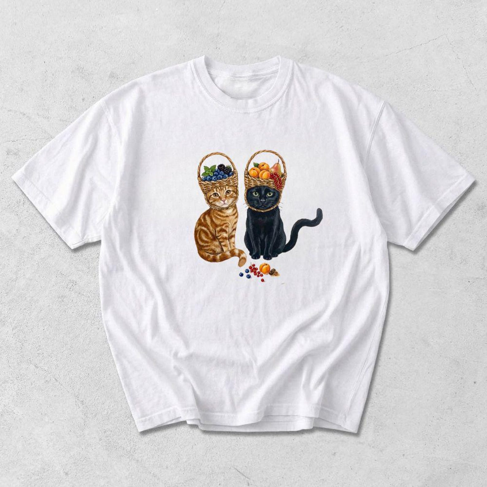 Graphic Tee: Two Cats with Fruit Baskets, Cottagecore Style T-Shirt 2XL