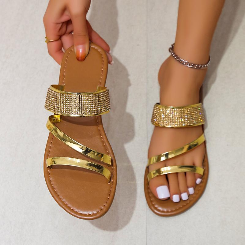 Summer New Style Women's Fashion Gold Silver Patent Leather Flat Heel Sandals Bling Rhinestone Narrow Band Beach Casual Slippers