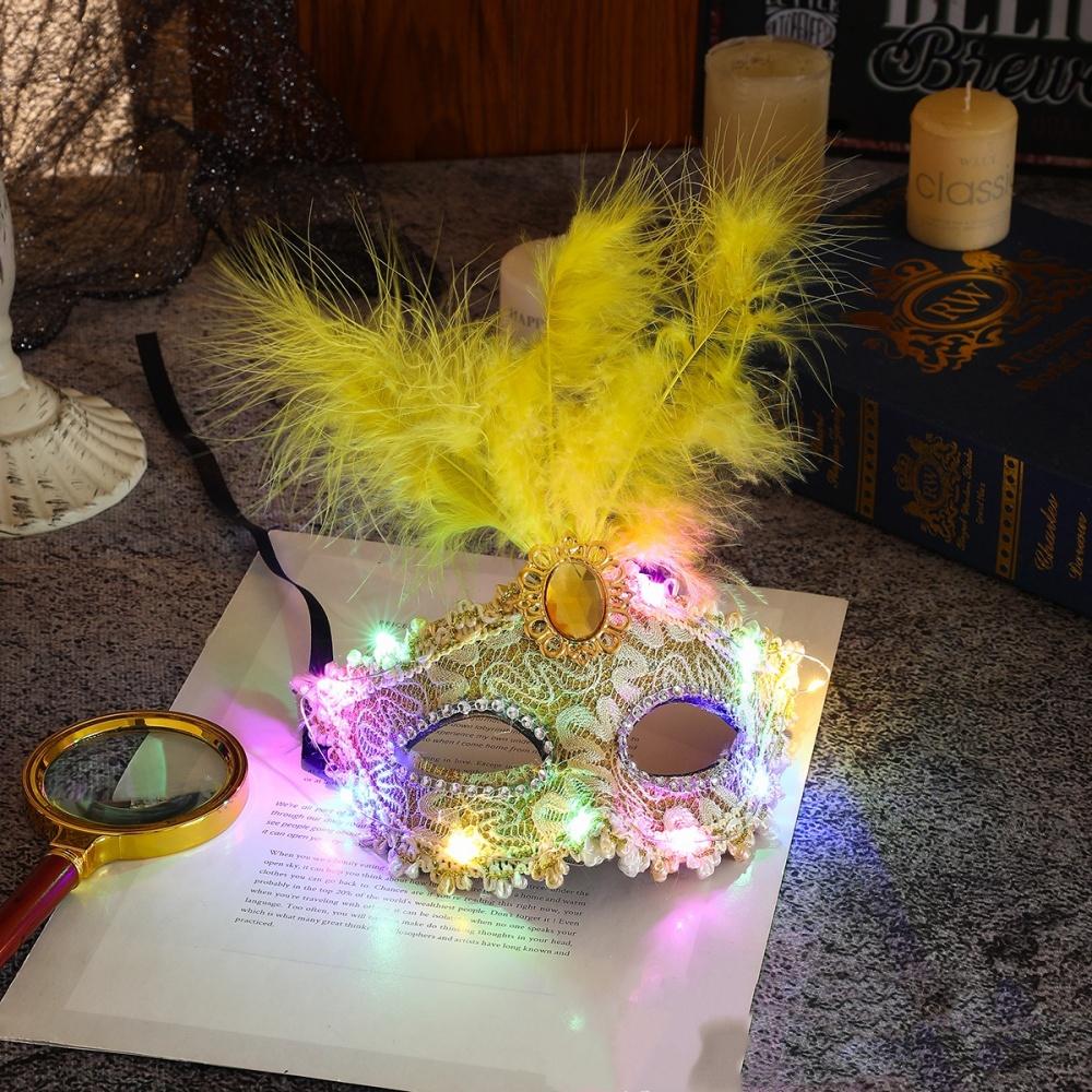1Pcs Venetian Venice Glowing Feather Led Masks Woman Fancy Dance Party Eye Mask Carnival Halloween Masquerade Cosplay Costume