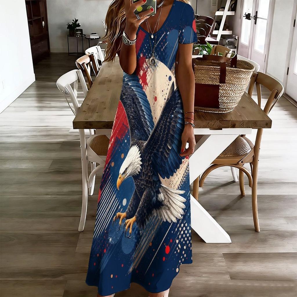 Women Plus Size V Neck Short Sleeve American Eagle Flag Printed Straight Maxi Dress