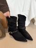 Retro Thick Heel Two Wear Pointed Knight Boots Women's 2025 Autumn and Winter New Suede Belt Buckle Versatile and Thin Boots