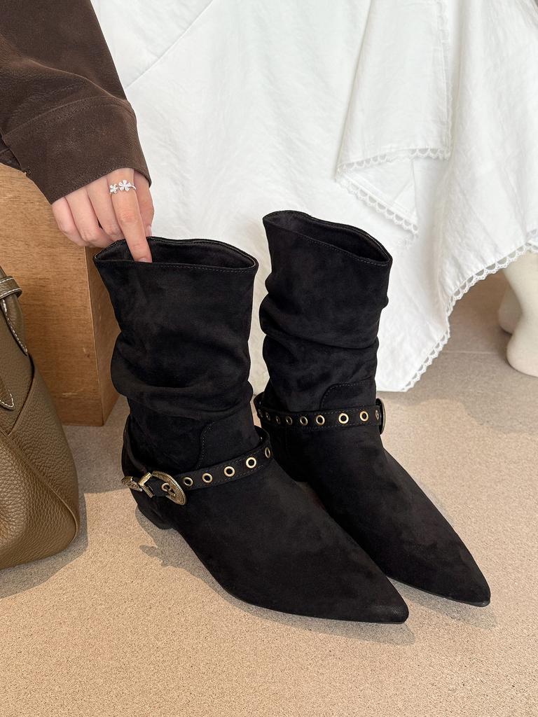 Retro Thick Heel Two Wear Pointed Knight Boots Women's 2025 Autumn and Winter New Suede Belt Buckle Versatile and Thin Boots