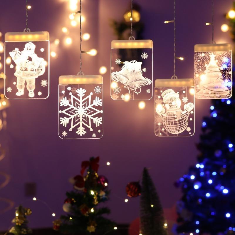 LED Light Christmas Decoration Supplies 3D Bell Snowflake Hanging Lamp Romantic Room Decoration Acrylic Curtain Lamp House Decor
