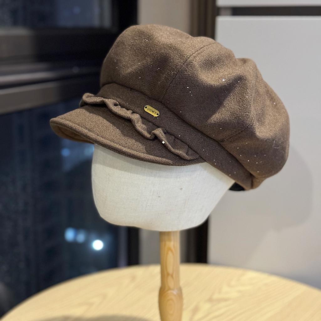 New Fashionable Sequined Pleated Edge Woolen Octagonal Hat for Women Japanese Style Sweet and Cute Face Showing Small Simple Newsboy Hat Trendy
