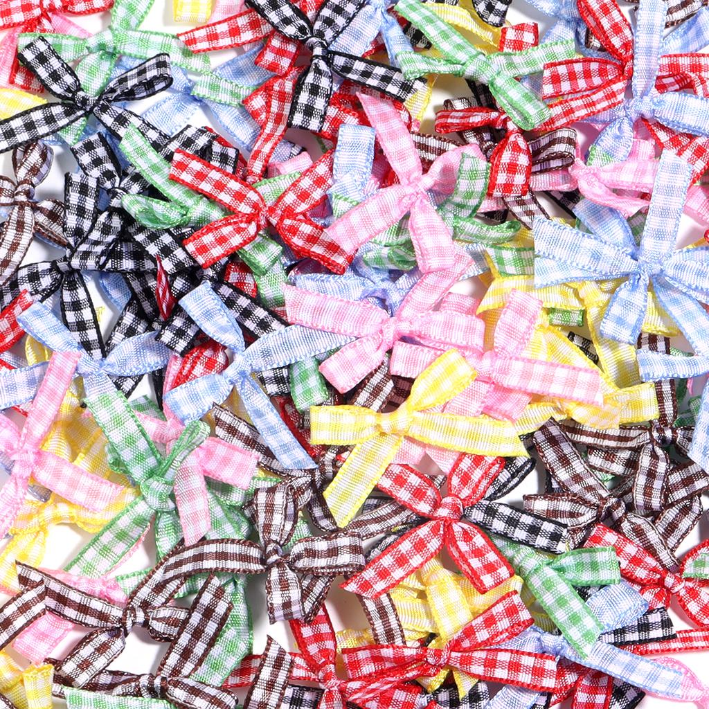 50pcs/lot Colored Satin Ribbon Bows Small Size Checkered Bowknot For DIY Sewing Crafts Garment Bouquets Wedding Party Decoration
