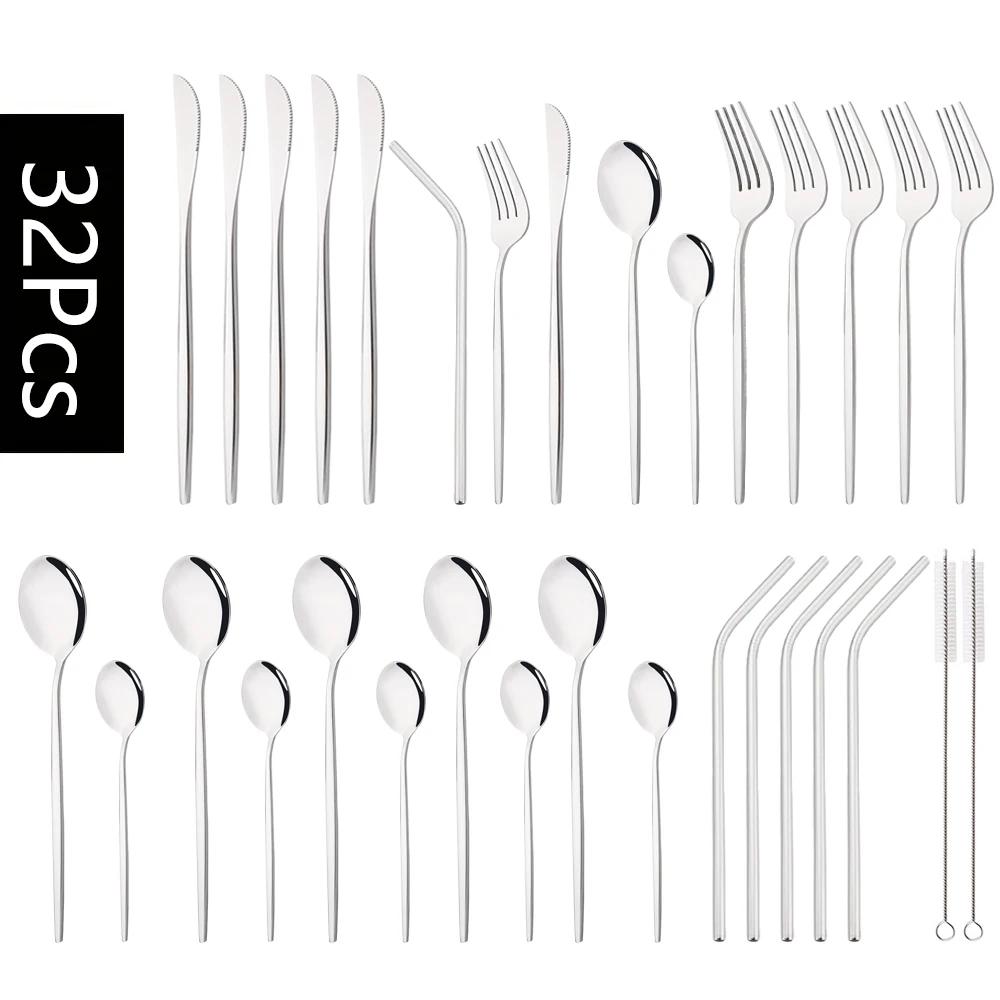 

Набор столовой посуды из нержавеющей стали, 32 предмета, кухонный черный набор столовых приборов, нож, вилка, ложка, соломинка, столовые приборы, посуда, западный набор серебряных приборов серебряный