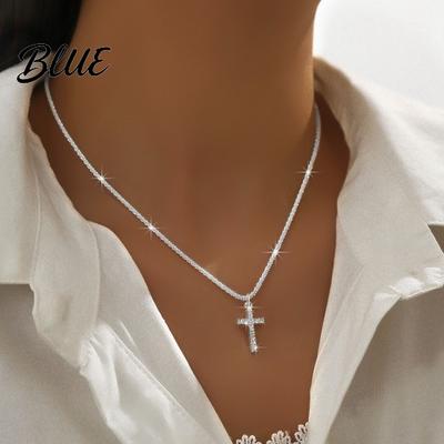 Cross Pendant Necklace Women Shimmering Surface Adjustable Length Neck Gift