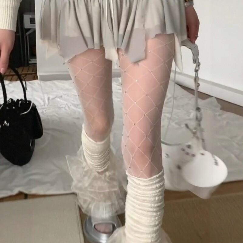Spring And Autumn Thin White Fishnet Stockings With Diamonds Women'S Anti-Hook Silk Summer Sexy Rhombus Bright Diamond Pantyhose