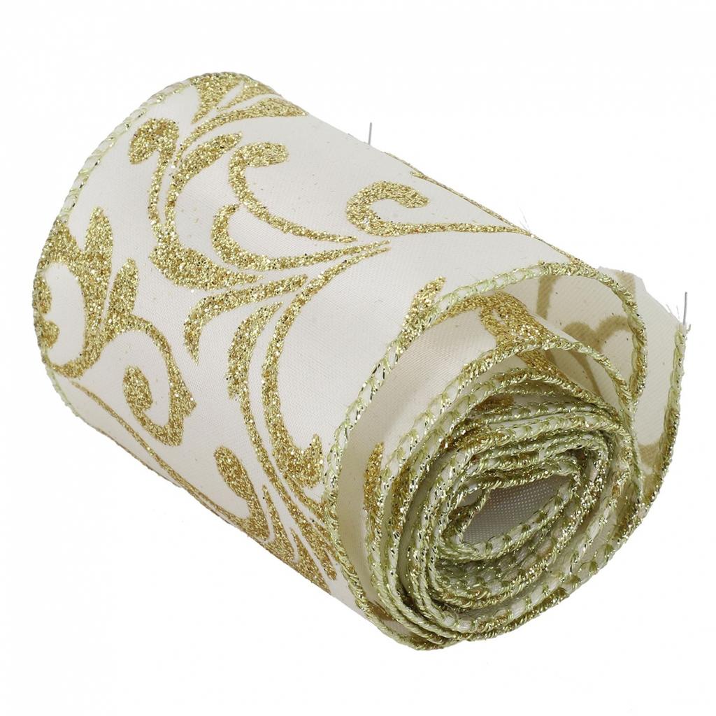 Glitter Wired Ribbon, Organza Sheer Ribbon with Gold Glitter Swirl Pattern