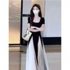Splicing contrasting color U-neck dress women's summer trend style design sense slim and thin A-shaped long skirt wholesale