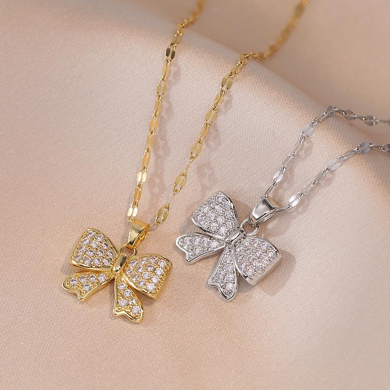 1pcs Fashion Simple and Lovely Bow Pendant Titanium Steel Micro-zircon Necklace Light Luxury Chain Accessories