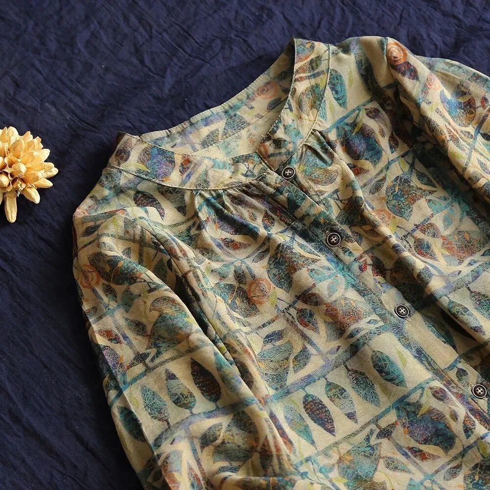 Cotton Linen Women Shirt Vintage Oversized Floral Print Blouses Harajuku Raglan Sleeve Leisure Loose Ladies Casual Button Up Shirts Tops