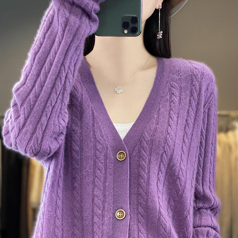 Women's Pure Cashmere Cardigan V Neck Loose Knitwear Sweater, Autumn 2023 Collection
