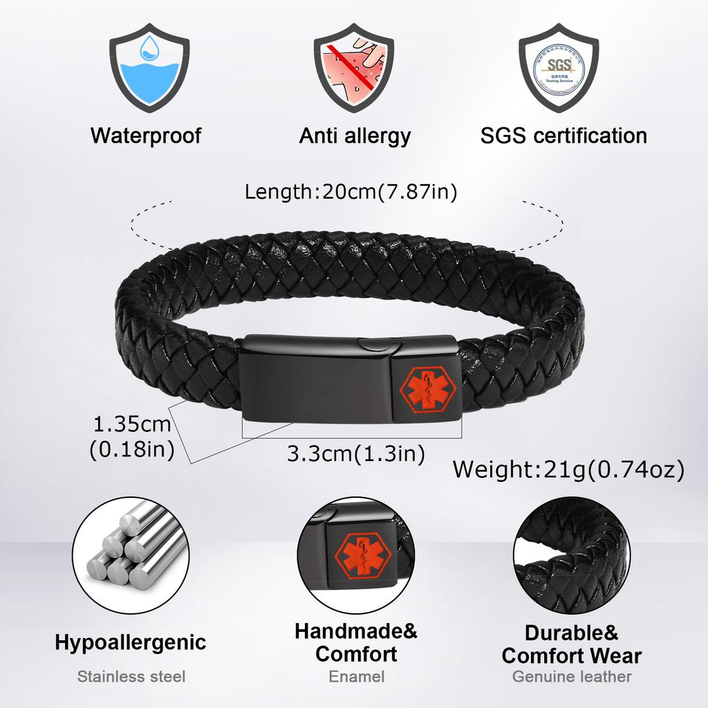Bracelet d'identification médicale d'alerte gravé personnalisé, Bracelet jonc en cuir tressé à boucle magnétique en acier inoxydable pour hommes