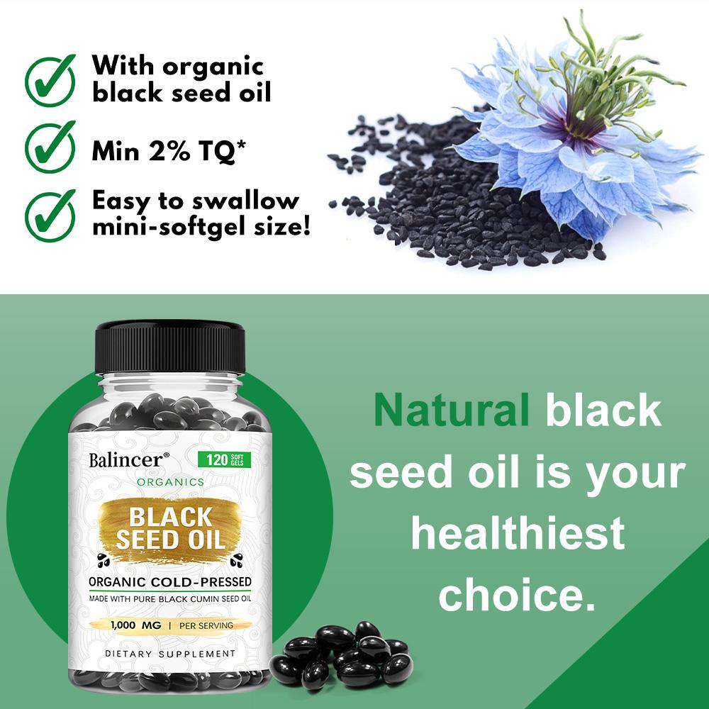 Biologische Koudgeperste Zwarte Komijnzaadolie 1000mg, Pure Zwarte Komijnzaadolie Immuun & Vitaliteit Supplement