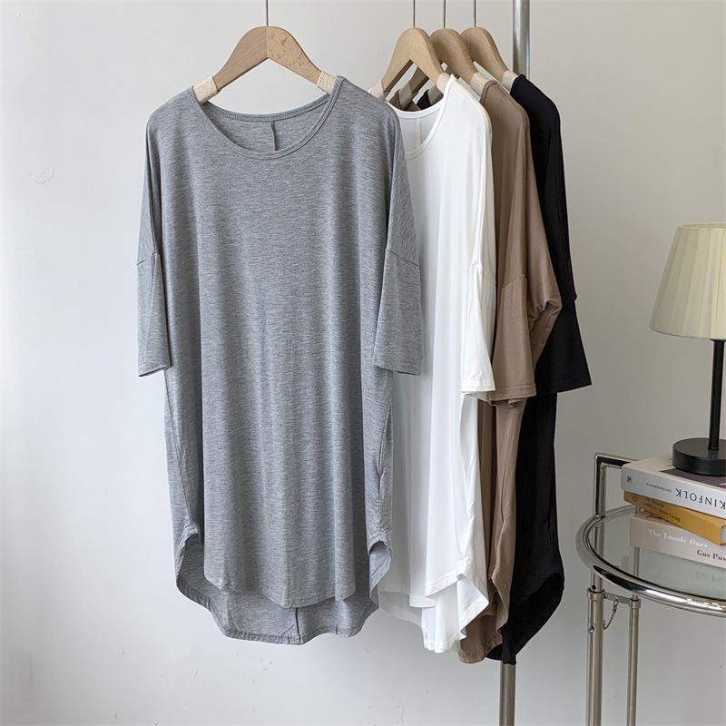 Vestido Camiseta Modal Feminino de Manga Curta - Comprimento Médio, Caimento Solto, Estilo Preguiçoso Roupa de Dança