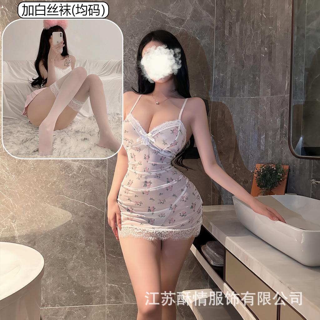 Underwear lace hollow deep V hip skirt sexy perspective mesh floral suspender nightdress